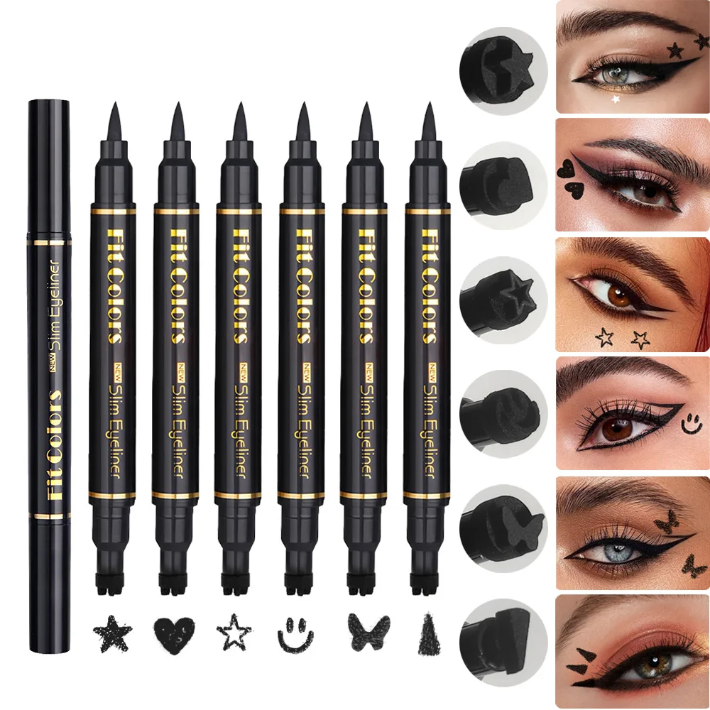 6PCS Stamp Liquid Eyeliner Set Waterproof Fast Dry Double-ended Black Heart Star Seal Eye Tail Eye Liner Extension Makeup Kit