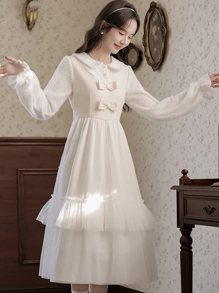Robe mi-longue à volants en maille pour femmes, avec nœud blanc, Patchwork, manches longues, col de poupée, tenue décontractée, automne hiver, robes moulantes coréennes, 2025