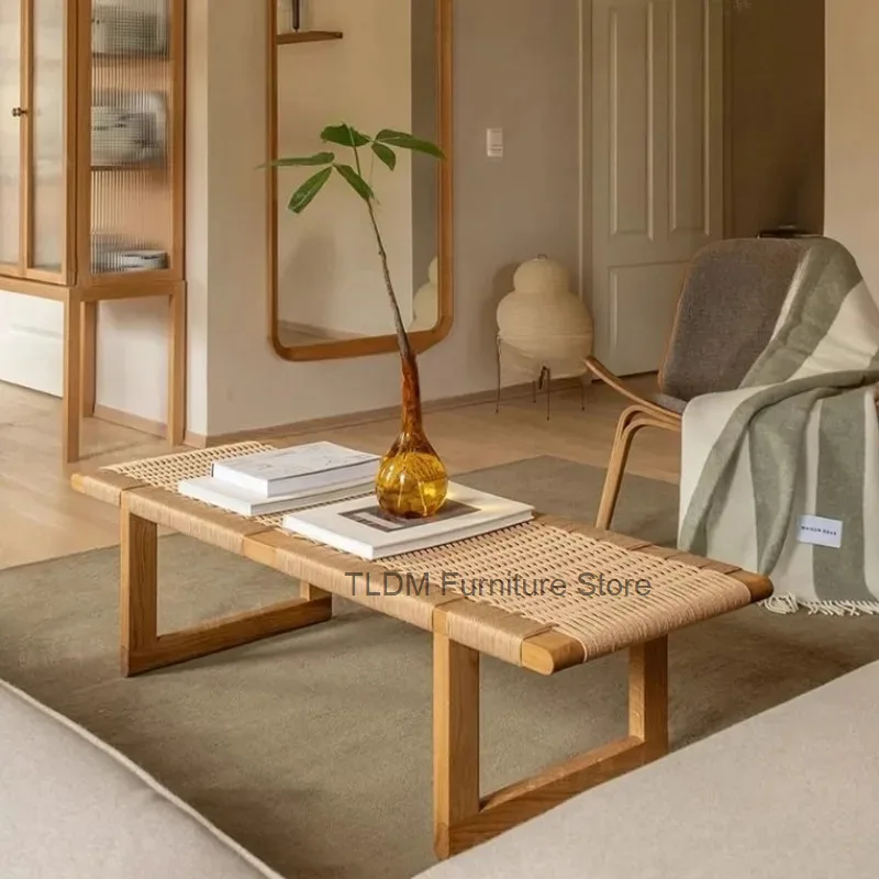 Solid Wood Frame Coffee Table Hand Woven Rattan Surface Low Rectangular Accent Bench for Living Room Tatami Balcony Decor