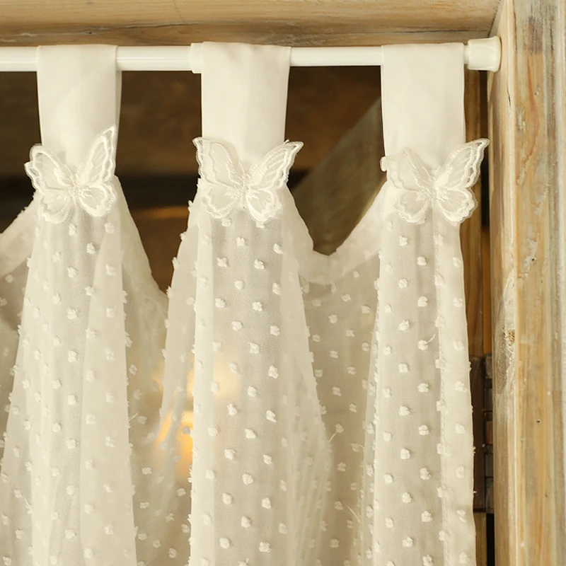 

Solid White Short Curtains Butterfly Suspender with Embroidery Dots Cotton Window Drapes for Cafe Kitchen Door Rural Home Decos