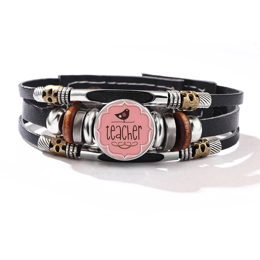 Teacher Appreciation Themed Bracelet Soft Pink Teacher Bird Pattern Round Retro Wristband Perfect Back To School Holiday Gift