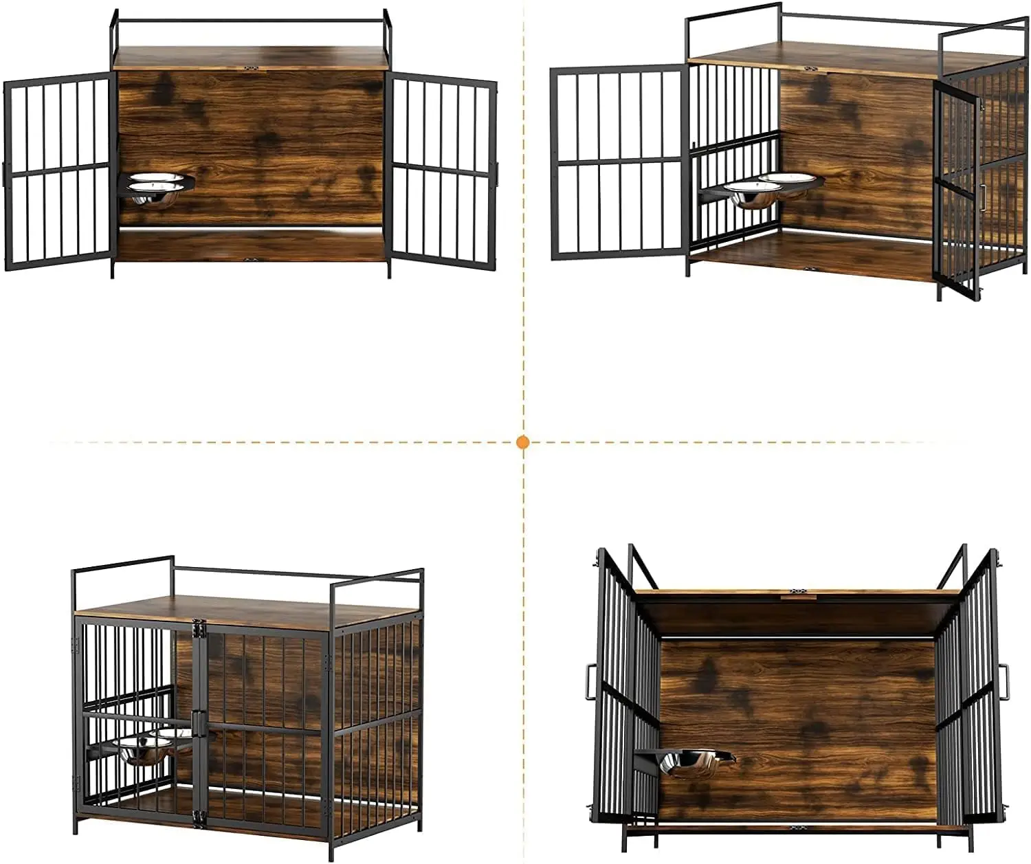 Furniture Style Large Dog Crate with 360° & Adjustable Raised Feeder for Dogs 2 Stainless Steel Bowls -End Table House Pad