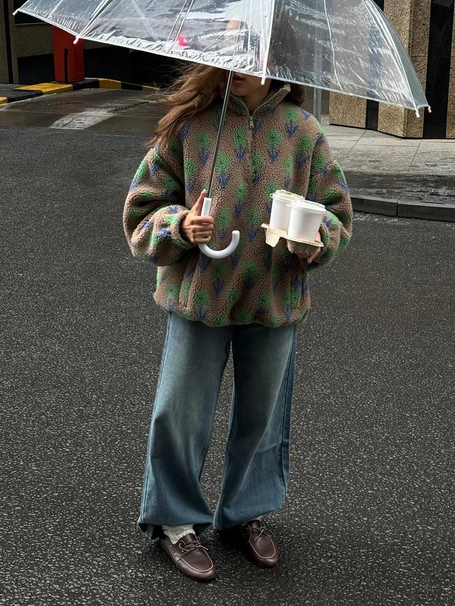 Blubelle レディース 秋冬新作 フリース ジャカード スウェットシャツ ハーフジップ ルーズ パーカー ハイネック スウェットシャツ