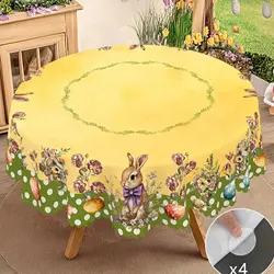 1 Piece of Easter Round and Rectangular Tablecloth, Available in Various Sizes, with a Cute Little Bunny Sitting among the Blooming Flowers, a Printed Tablecloth That Creates a Playful Scene with Fluttering Butterflies, with Embossed Edges, Spring Garden Tablecloth Decoration, Suitable for Everyday Use in Home Kitchens and Patios, Easter Decoration