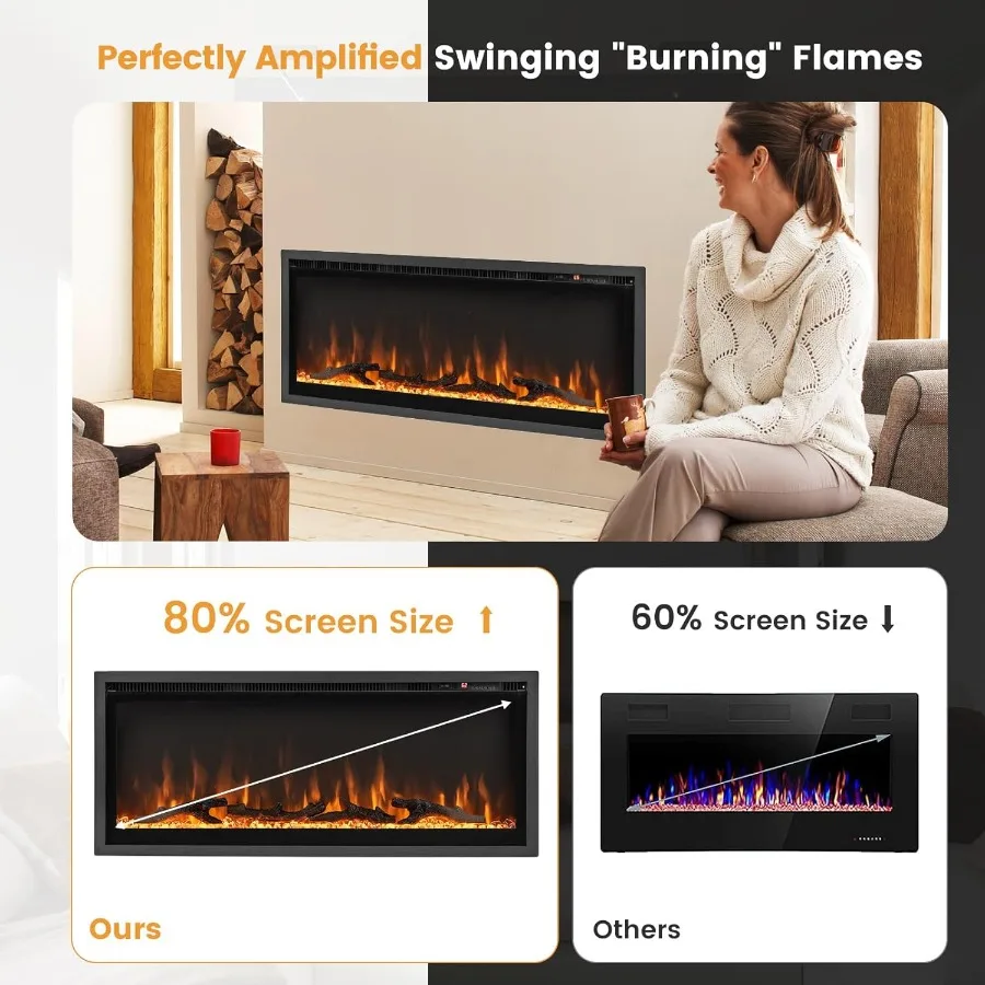 مدفأة كهربائية مقاس 42 بوصة، حل تسخين مثبت على الحائط مع لهب سجل قابل للتعديل، مؤقت 8 ساعات، جهاز تحكم عن بعد 750 #6