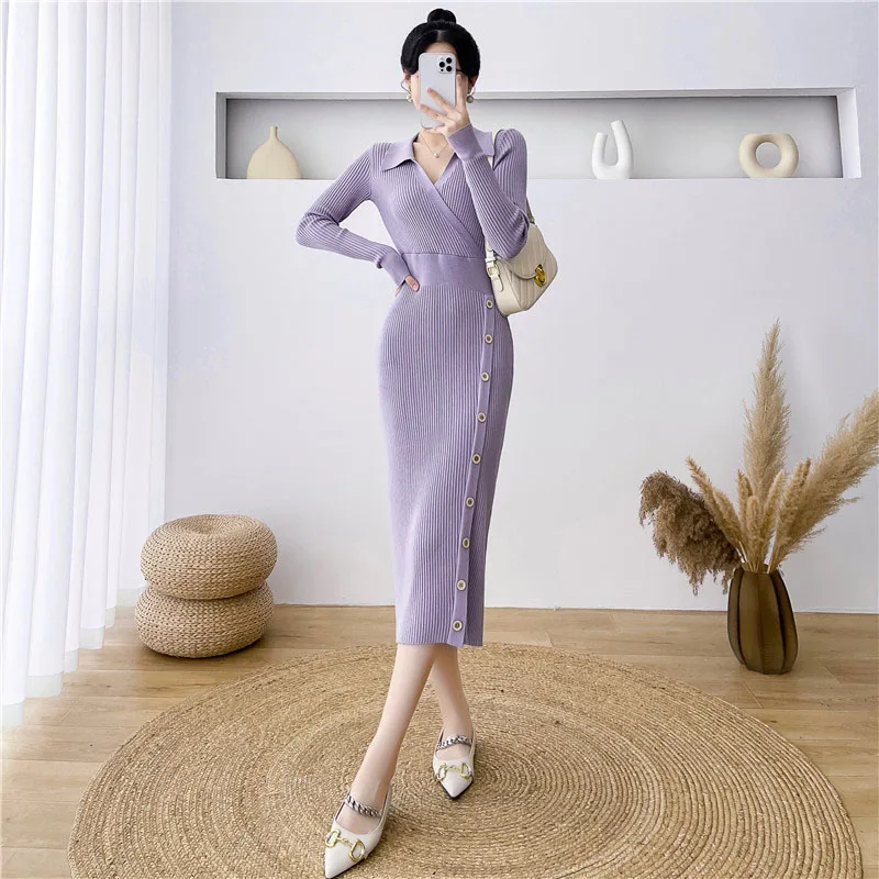 エレガントなハイウエストボディコンドレス女性ファッションストリートスリム弾性ニットドレスレディースボタン付き V ネックドレスローブ