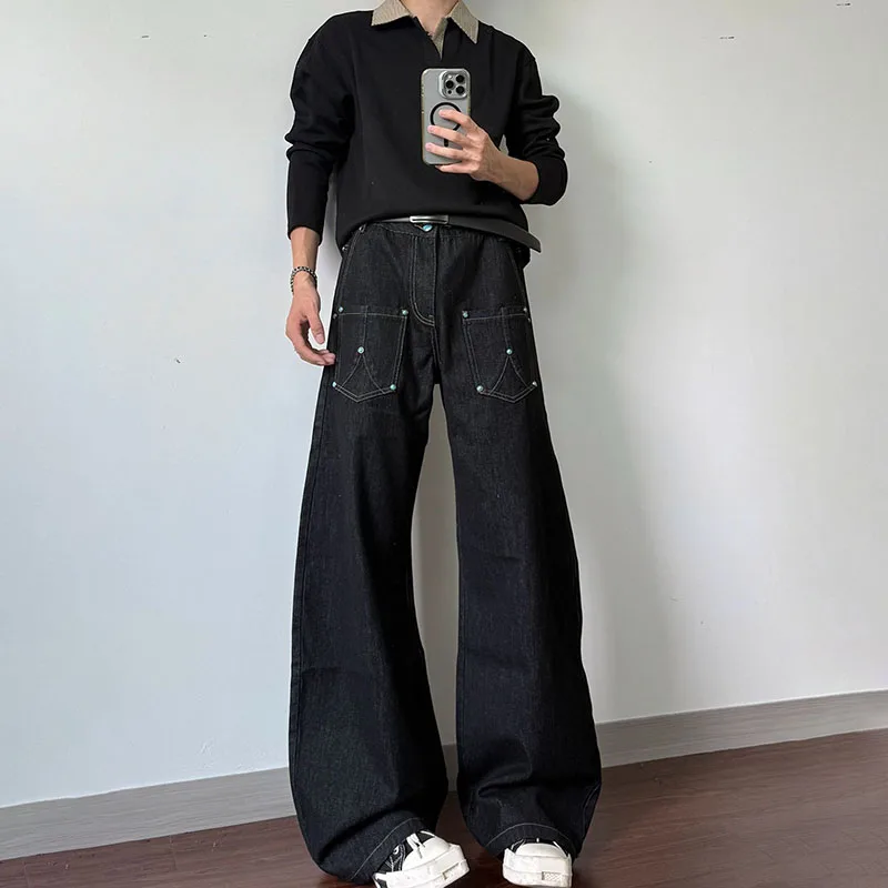 Autumn Korean Men Micro Flared Jeans Turquoise Black Original Cow Curved Knife Pants Straight Leg Pants