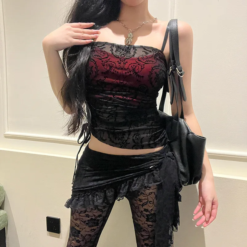 アメリカンレトロ Y2K レディーススーツ シック スリム 2ピースセット デザイン フロッキング ホルターネックトップス + レース アシンメトリー フレアパンツ セットアップ