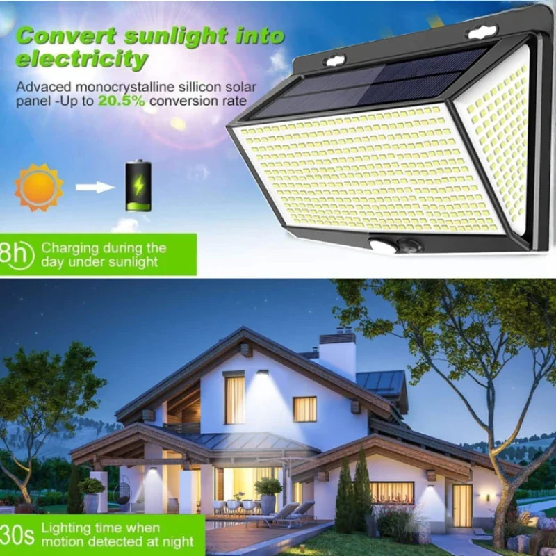 

Solar Outdoor Courtyard Landscape Wall Lamp with Human Body Sensing 468LED, 3-sided Lighting, IP65, Household Road Fence Lamp