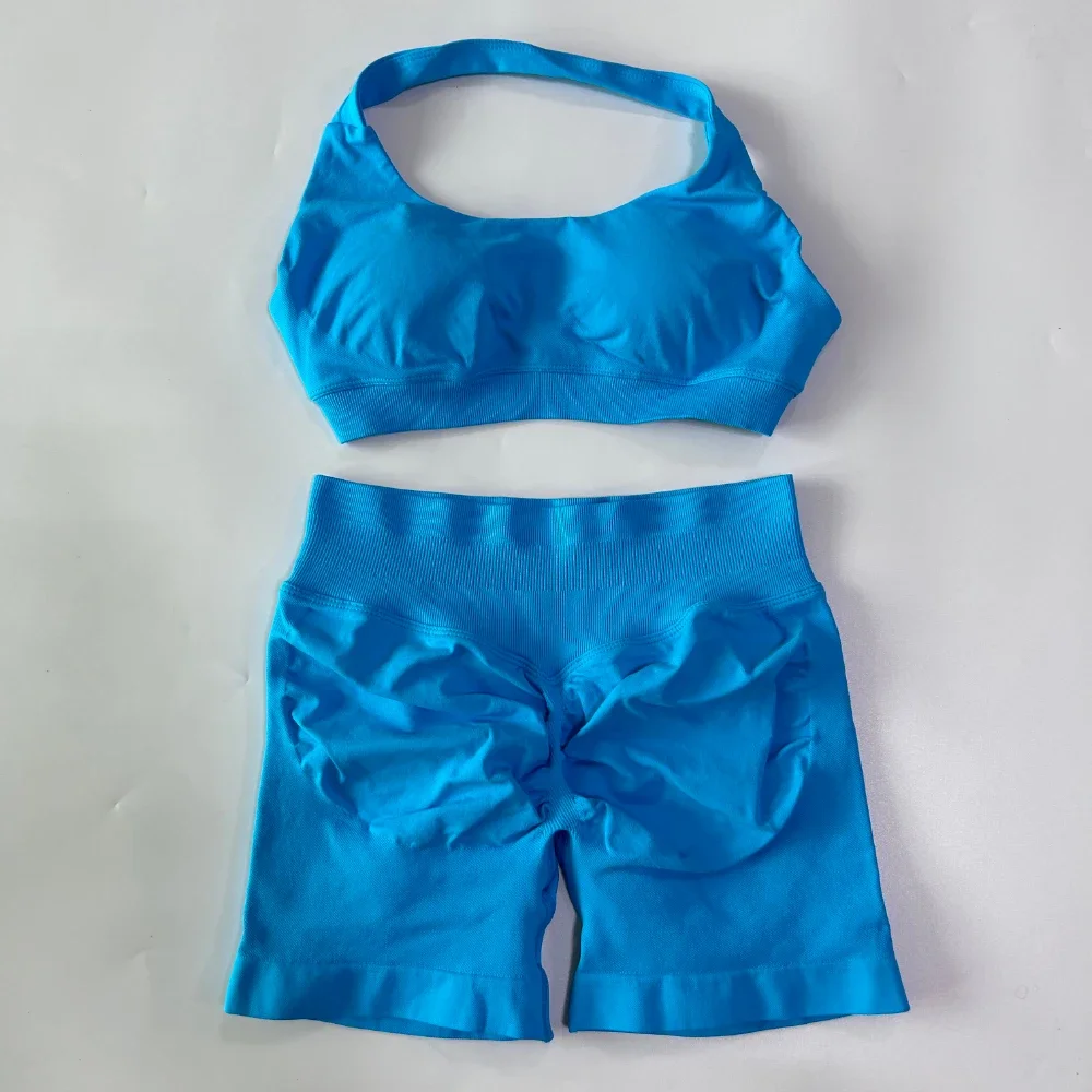 2-teiliges Set Damen Nahtloses Yoga-Set Workout-Sets Halter-Sport-BH Scrunch-Shorts Fitnessanzug Sportbekleidung – Detail 20