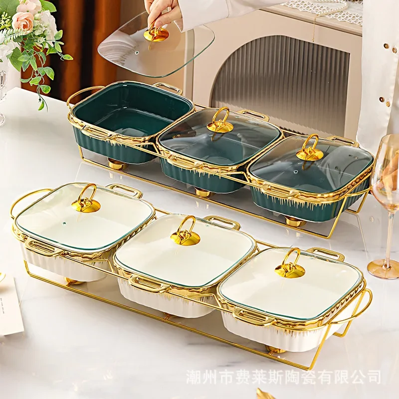 Luxurious ears golden electroplating baking tray three restaurant candle heating insulation soup pot with cover.