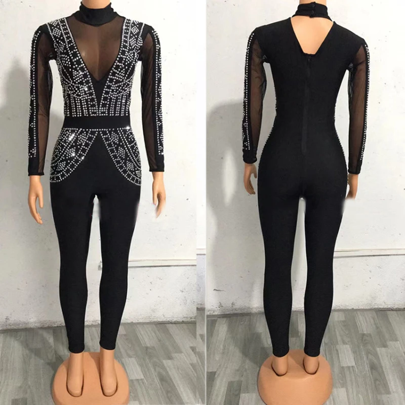 

Silver Rhinestones Jumpsuit Sexy Black Mesh Rompers Women Singer Celebrate Jazz Gogo Costume Stage Festival Outfit XS4326