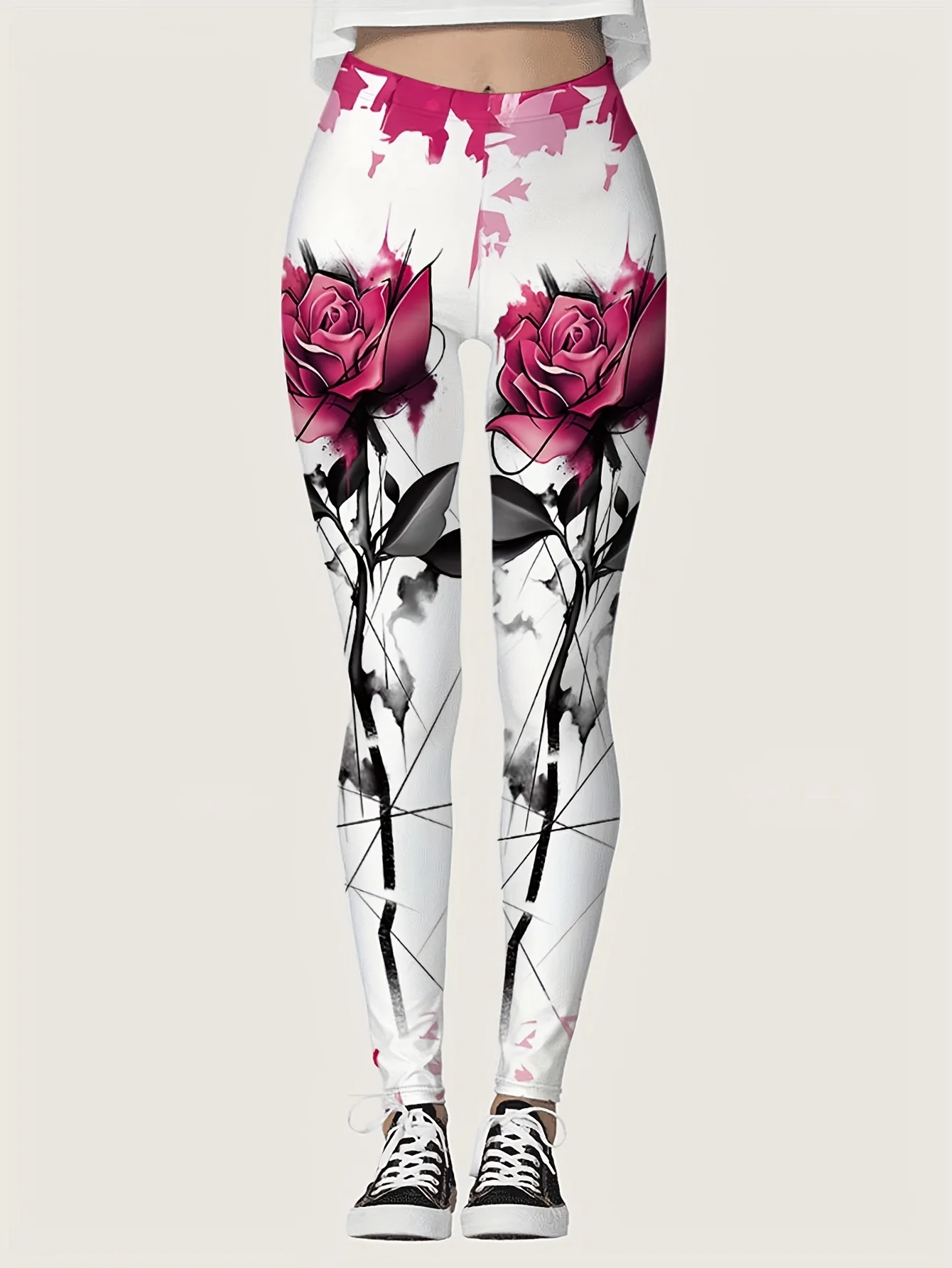 بنطال ضيق نسائي بطبعة فراشة، مصنوع من مزيج البوليستر والألياف اللدنة، مع مرونة مناسبة لملابس الخريف والشتاء. #4