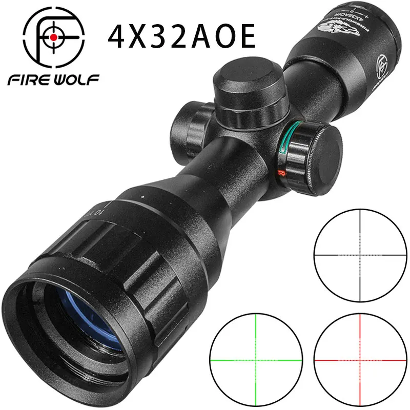 FIRE WOLF 4X32 AOE Rifle Scope with Red Green Illuminated Cross Hunting Tactical Optical Scope Range Air Gun Pocket Mirror Sight