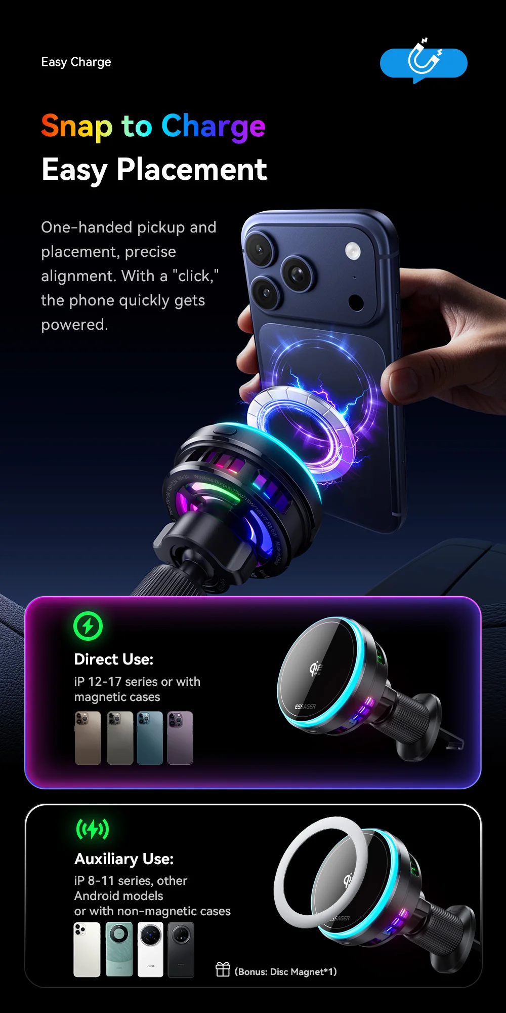 Essager 25W Magnetisches Kabelloses Autoladegerät für Huawei Xiaomi iPhone 17 16 Pro MacSafe RGB Auto-Handyhalterung Schnelle Ladestation – Detail 8