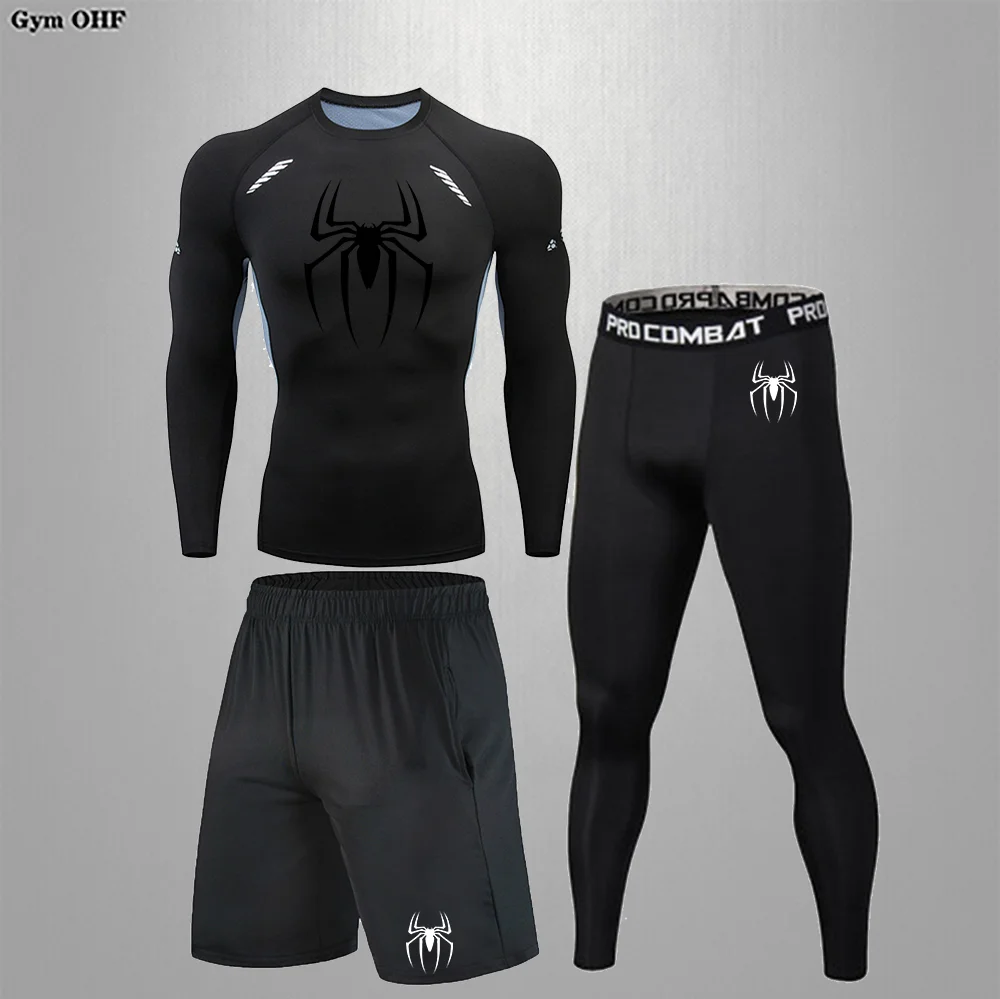 Spider Print Compression Set for Men 3 Pieces Athletic Active Workout Fitness Suit Undershirts Leggings Pants Shorts