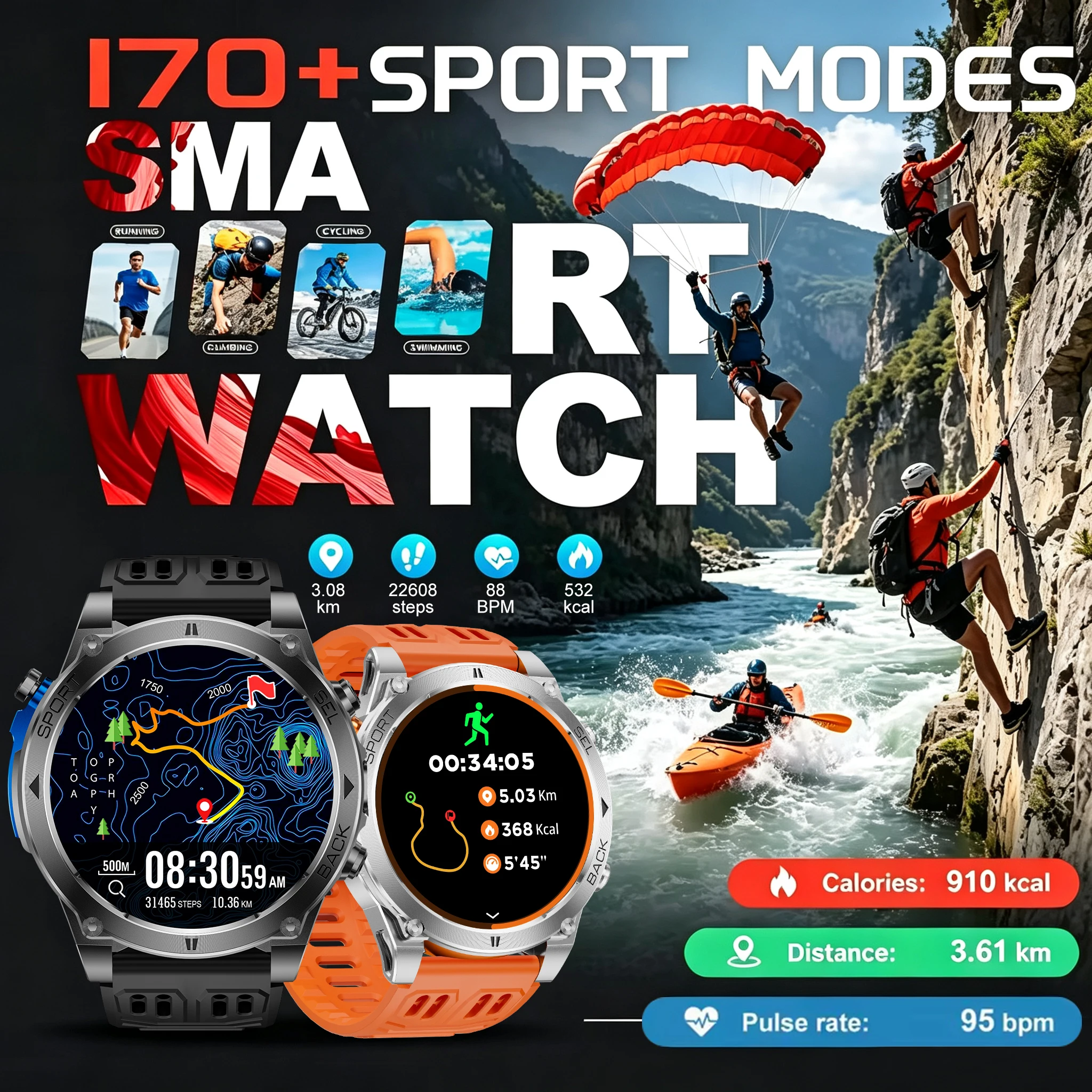 Men T-RX 4 Ultra Military Sports Smart Watch GPS Route Tracking 170 Sports Modes Compass Call Heart Rate Tactical Smart Watch