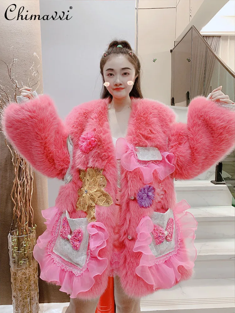 

High-End Furry Coat for Women Winter New Fashion Sweet Girl Detachable Sleeves Thickened Warm Elegant Jacket Women Tops