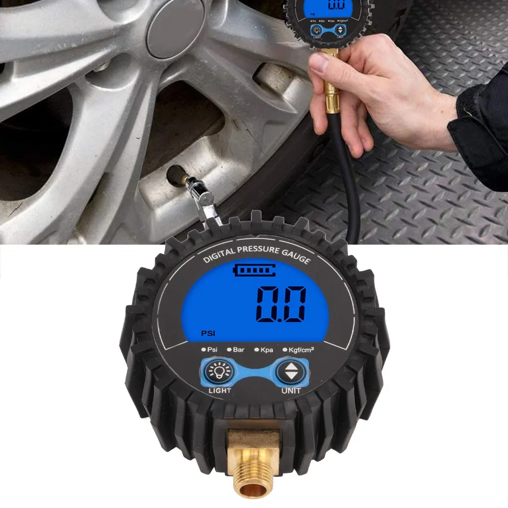 

Digital Tire Pressure Gauge LCD Display Four Unit 3‑200PSI Wheel Tyre Air Inflator Monitoring Tester M11x1 Thread Blue Backlight