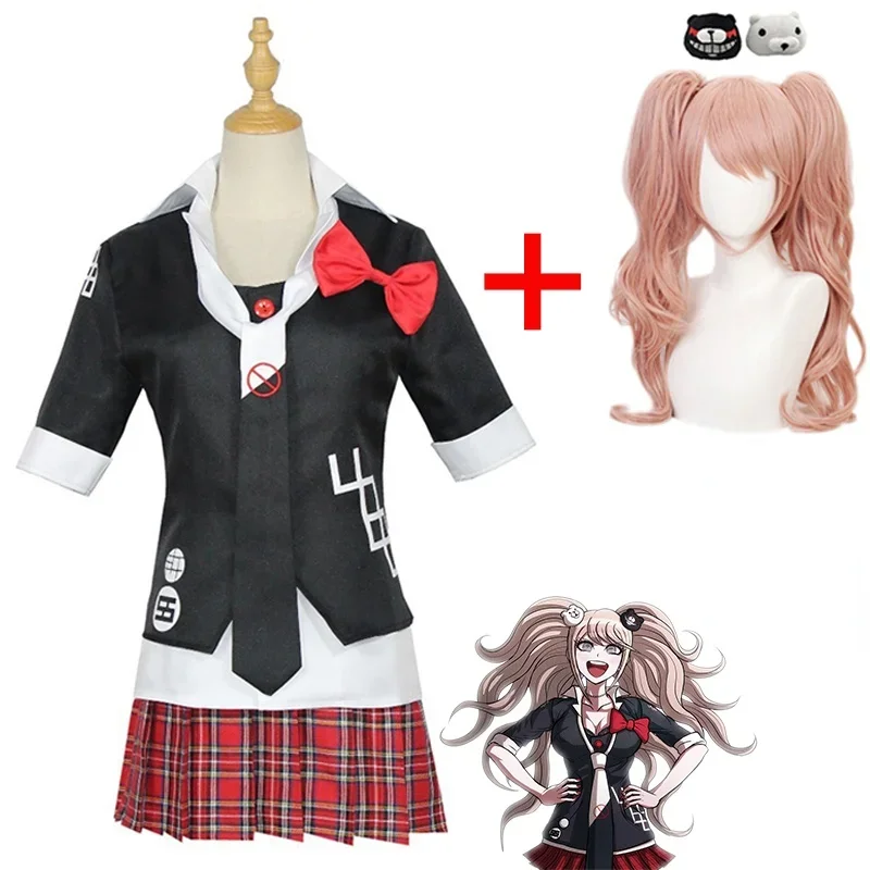 Danganronpa Enoshima Junko Full Cosplay Costume High School Student Uniform Cafe Work Clothes Short Skirt Ponytail Wig