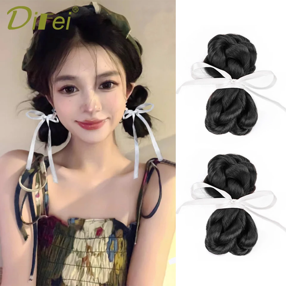 DIFEI Ribbon Ball head Synthetic Wig Female Pair With Summer Sweet Girl Ribbon Bud Double Ball Lazy Ribbon Contracting Ball Head