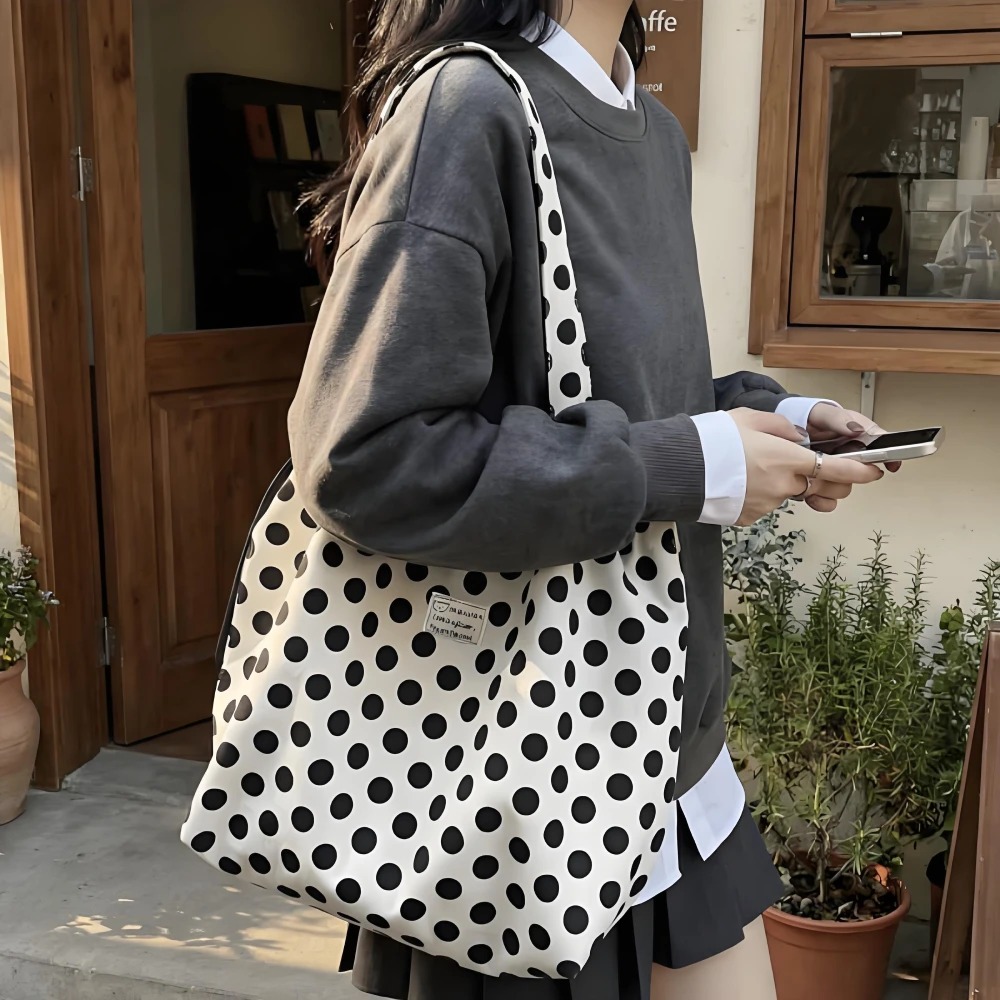 

Корейская холщовая сумка через плечо в горошек, женская вместительная сумка-шоппер, портативная сумка для книг для студентов, сумка в стиле Lazy Style