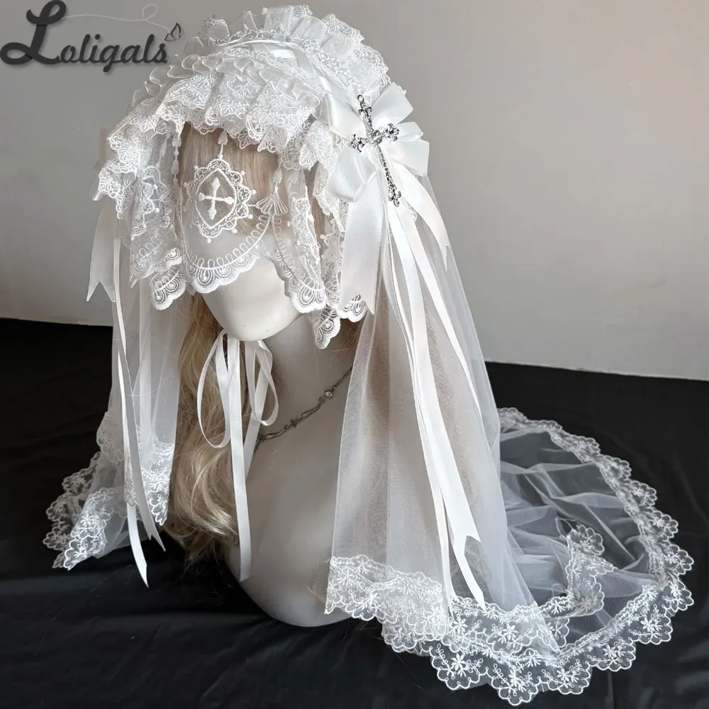 Handmade Gothic Lolita Lace Headpiece Cross Embroidered Subculture Nun Veil Headband ~ Bizarre World