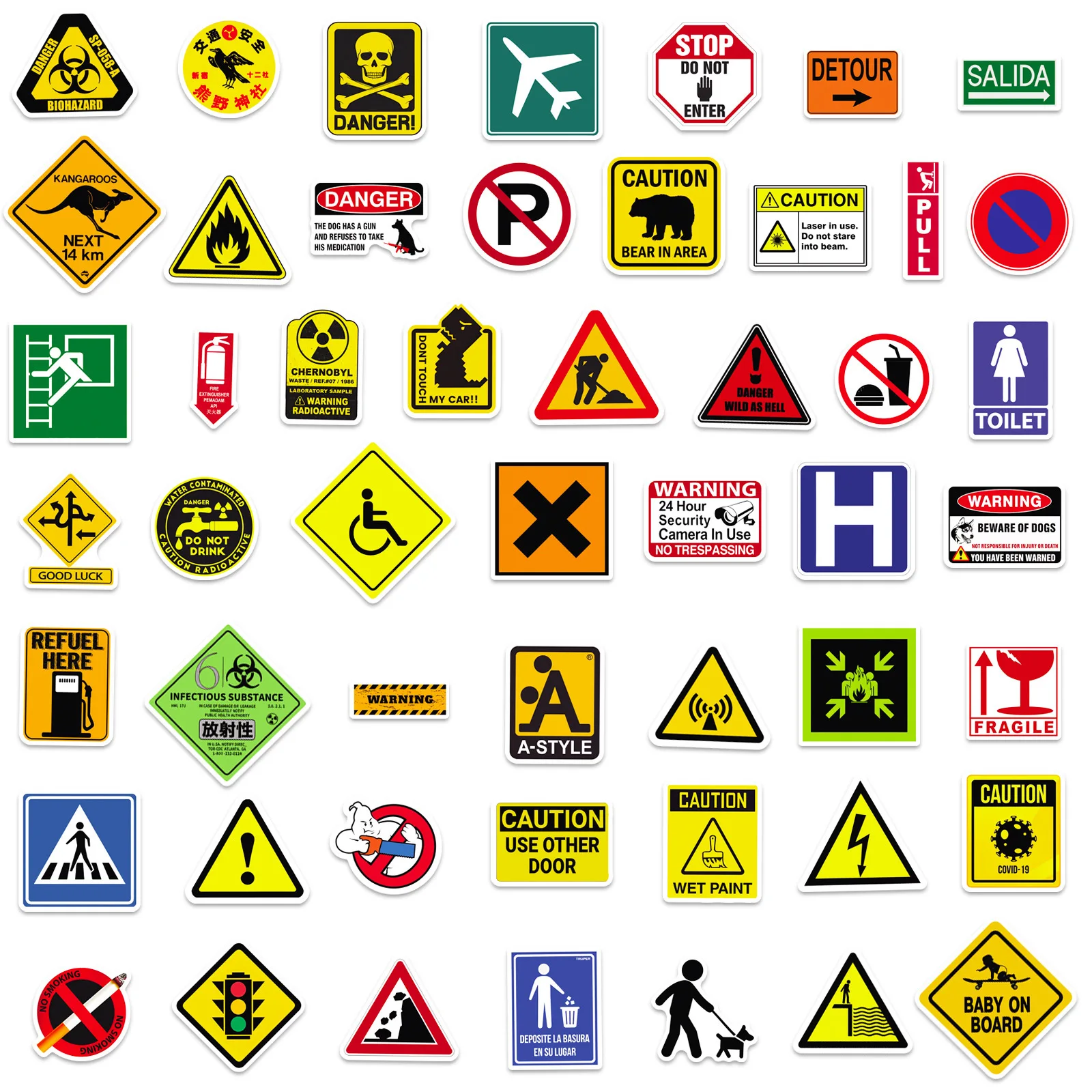 50Pcs Attention Warning Sign Sticker Warning Sign Sticker Danger Banning Sign Luggage Phone Case Water Cup Sticker