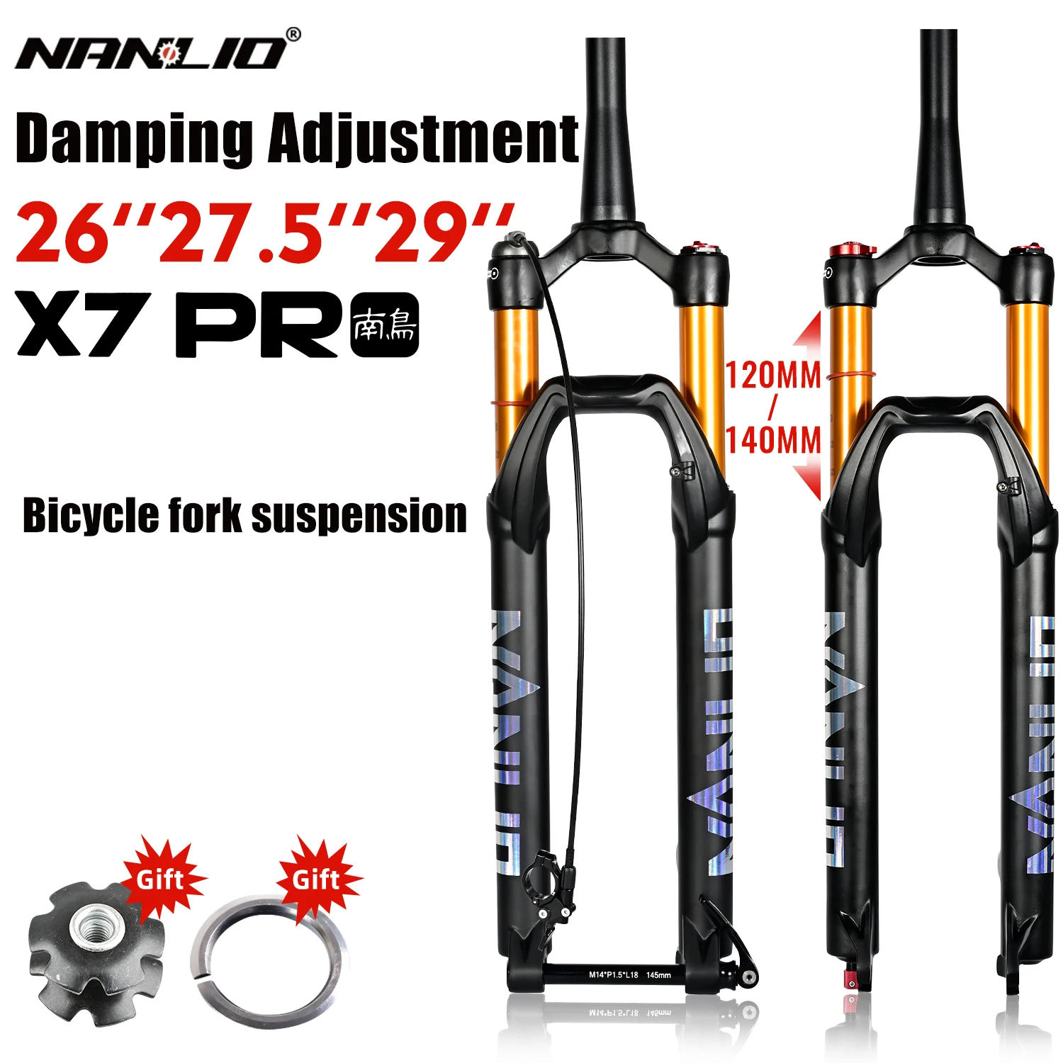 NanLio X7 PRO MTB Bike Suspension Fork Damping Rebound Adjustment 26/27.5/29 Inch, 120-140mm Travel, Metal Bushings Air Forks