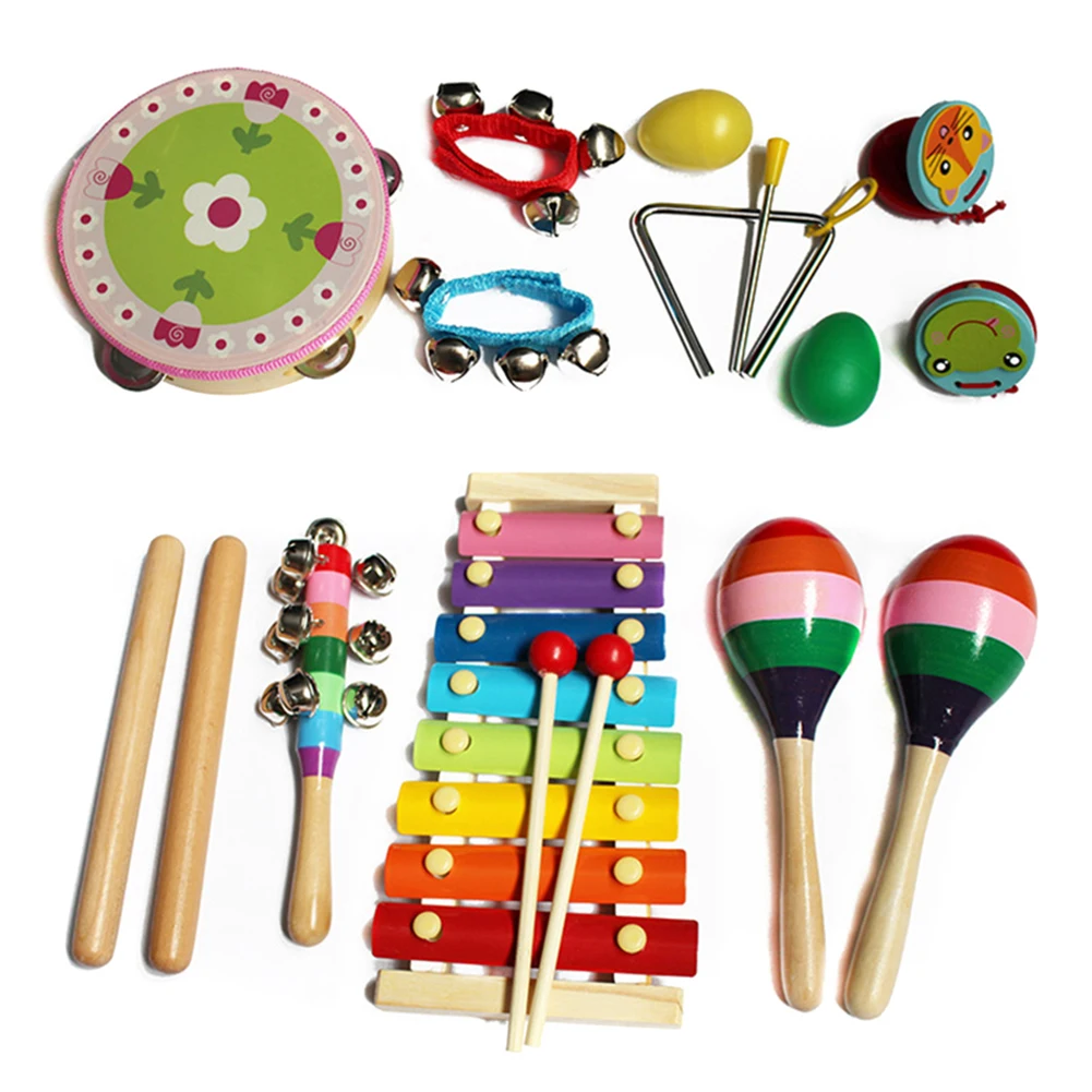 

Musical Instruments Set 14 Types Xylophones Tambourine Grip Bells Kit with Storage Bag for Baby Kids