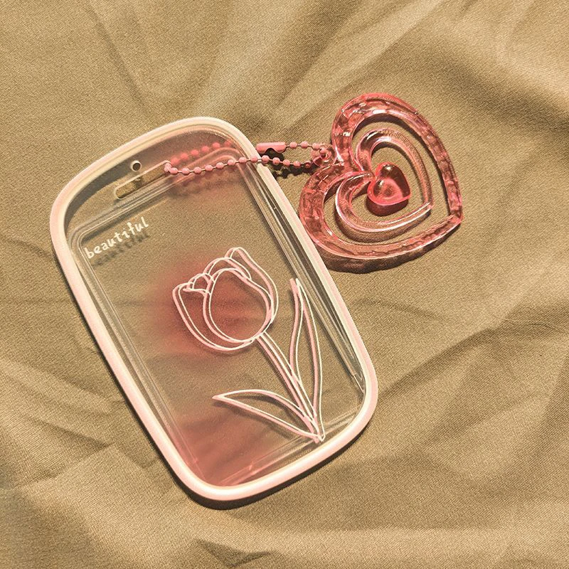 Pink Rose Transparent Gradient Photo Card Holder Idol Photo Sleeve Keychain Photocards Protector Case Student Card