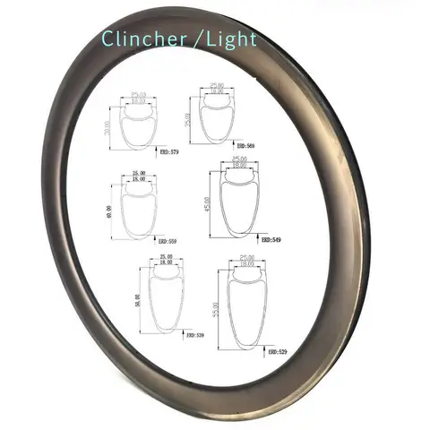 Light Weight 700C Road Bike Carbon Fibre Rims V Brake Clincher 25mm Width 30 35 40 45 55mm Depth Bicycle Circle
