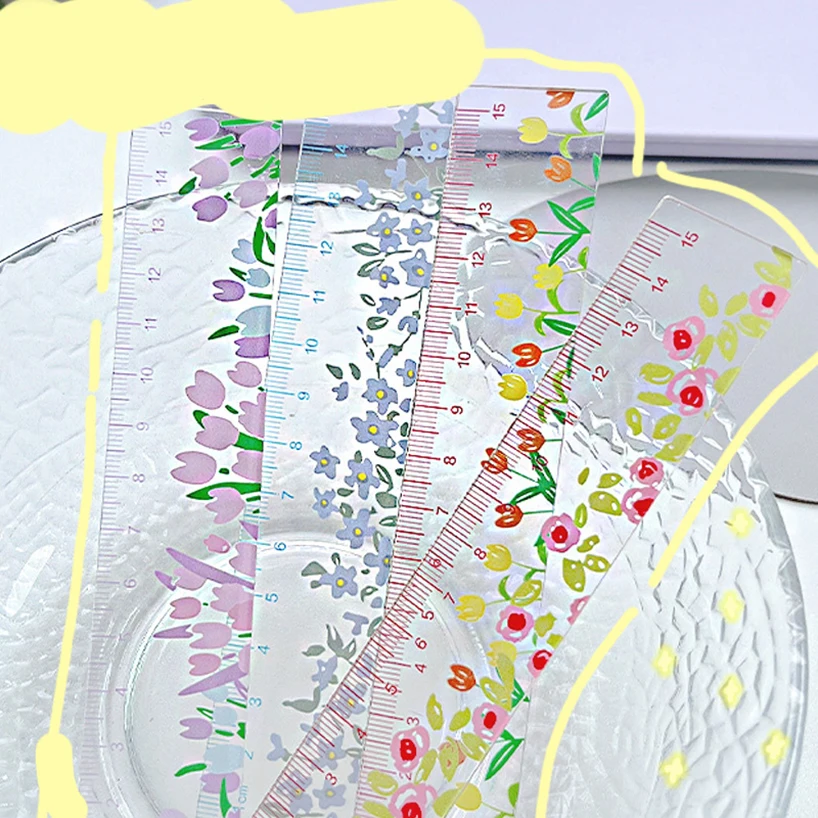 Regla de flores de 15cm, papelería Kawaii transparente, herramientas de dibujo DIY, Linda papelería coreana para estudiantes, reglas de suministros