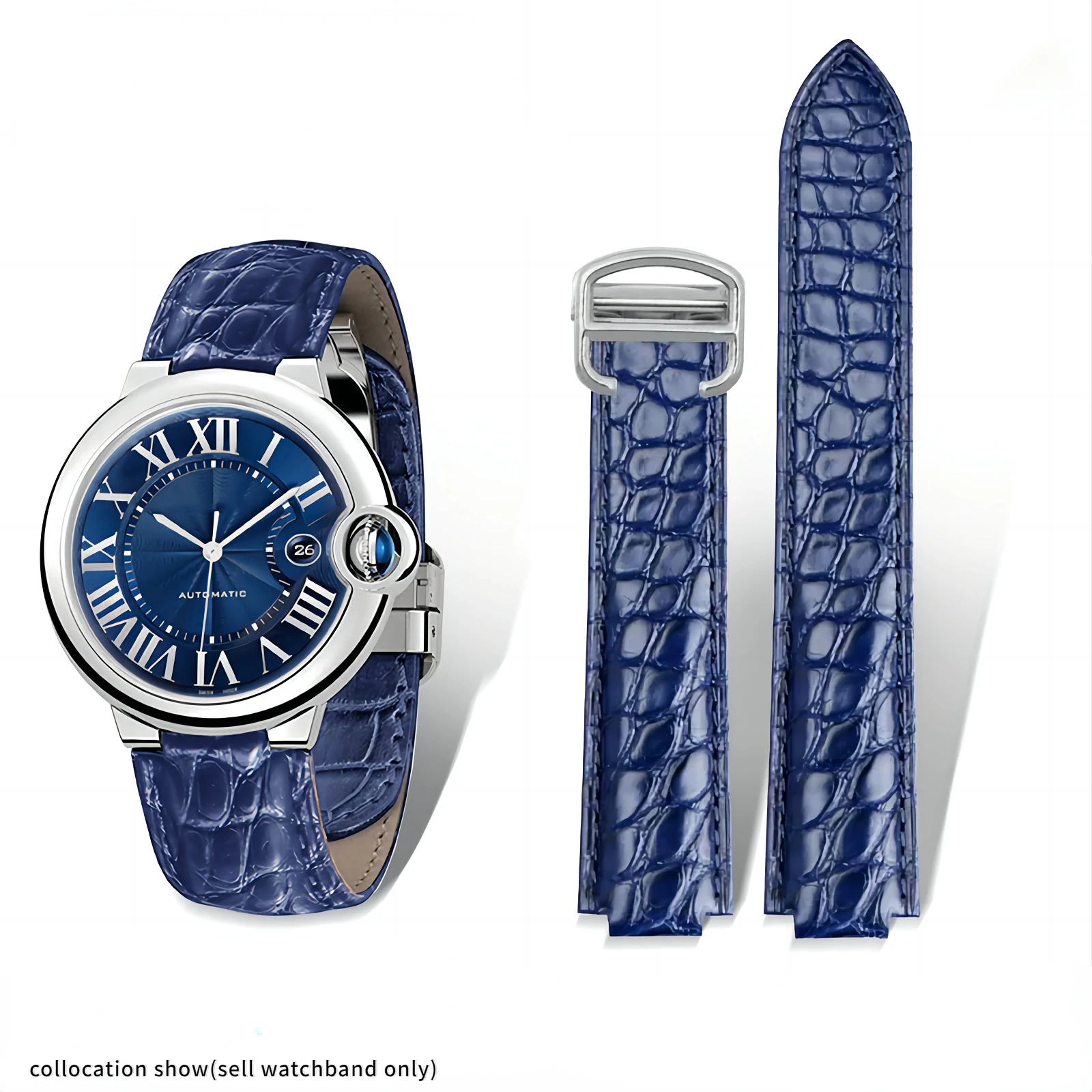 16 18 20 22m For Cartier blue balloon leather watchband Blue crocodile skin convex men women Folding buckle watch strap bracelet