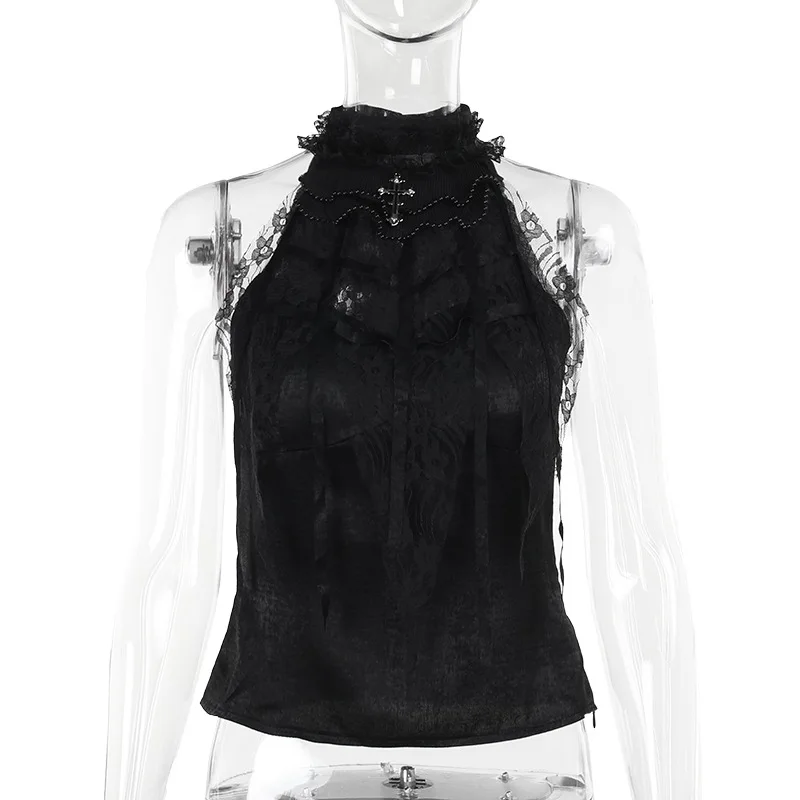 Goth Dark Harajuku Fashion Streetwear Sleeveless Lace Patchwork Women Tanks Tops Cyber Y2K High Neck Slim Vest Alt Gothic Cloth