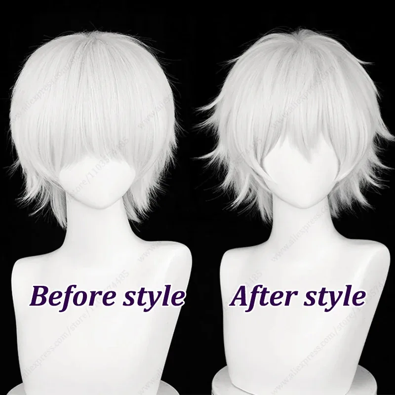 أنيمي كين كانيكي شعر مستعار تأثيري 30 سنتيمتر فضي أبيض قصير مقاومة للحرارة الشعر الاصطناعية