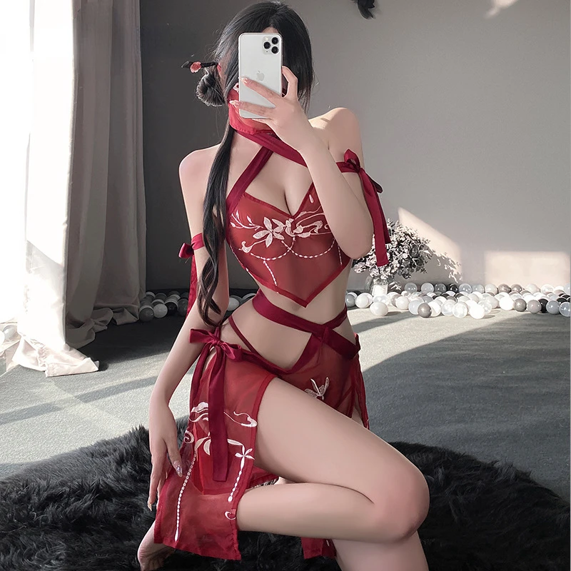 Red Sexy Ancient Hanfu Outfit Halter Perspective Traditional Chinese Clothing Women's Bandage Embroidery Belly Pocket Skirt Set