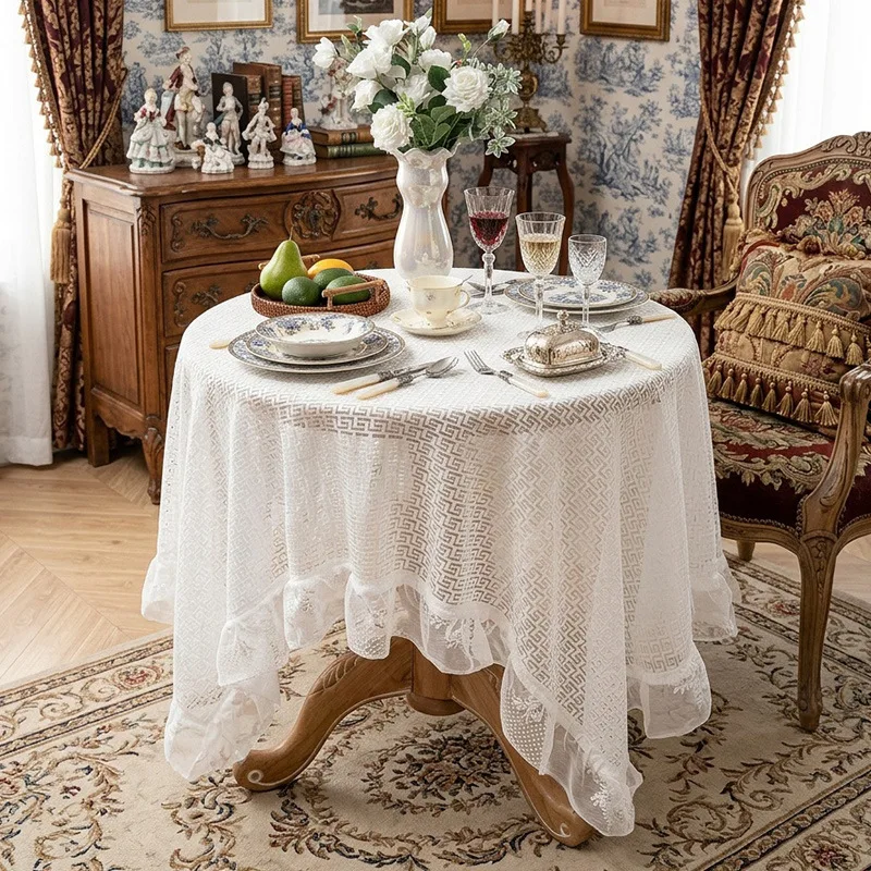 

French Retro White Lace Tablecloth Crochet Hollow Lotus Leaf Edge Round Table Cloth Tea Table TV Cabinet Dining Table Cover