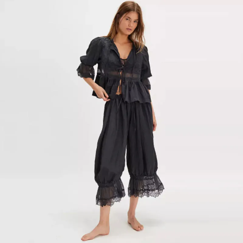 ﻿   كشكش الدانتيل تقليم السراويل تحت اللباس ﻿   سروال طويل ريترو للمرأة 2025 ربيع أحدث ملابس منزلية مريحة للاستخدام الداخلي