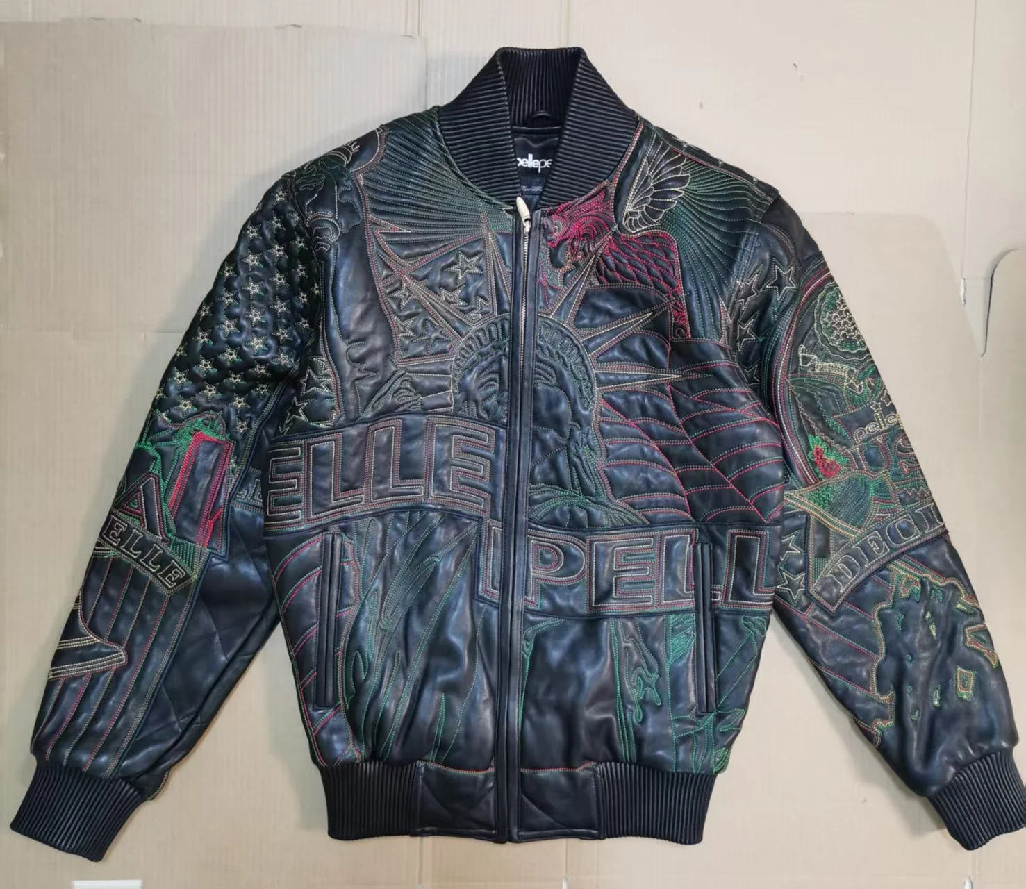 

Fashion Trend New Men's Lamb Skin Jacket Collar Baseball Clothing Leather Jacket Embossed Embroidery Genuine Leather coat tops