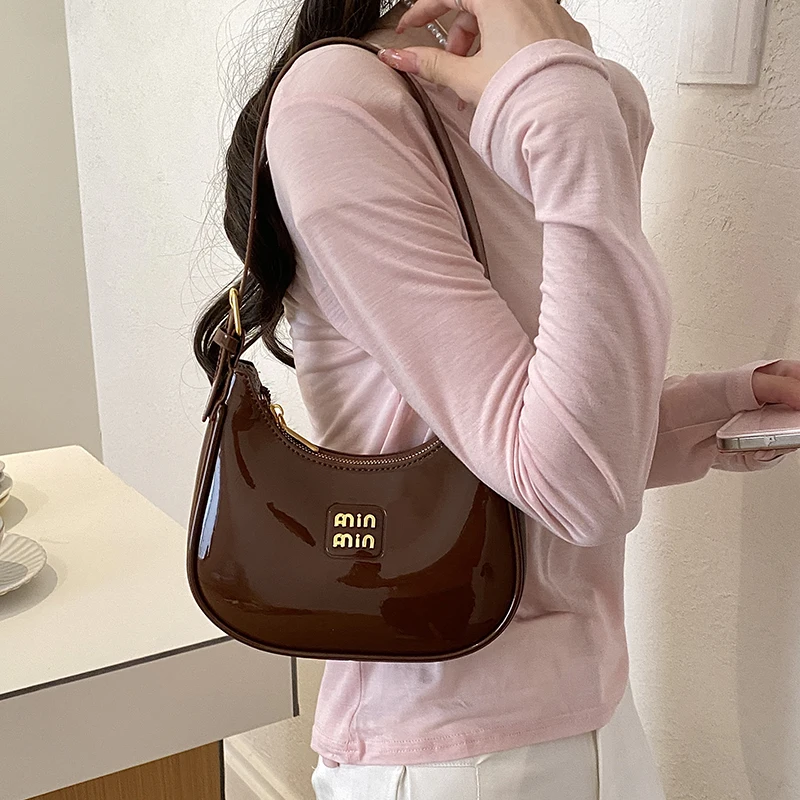 Solid Color Patent Leather Shoulder Bag Women's Fashion All-match Handbags Classic Design Underarm Bag for Shopping Commuting