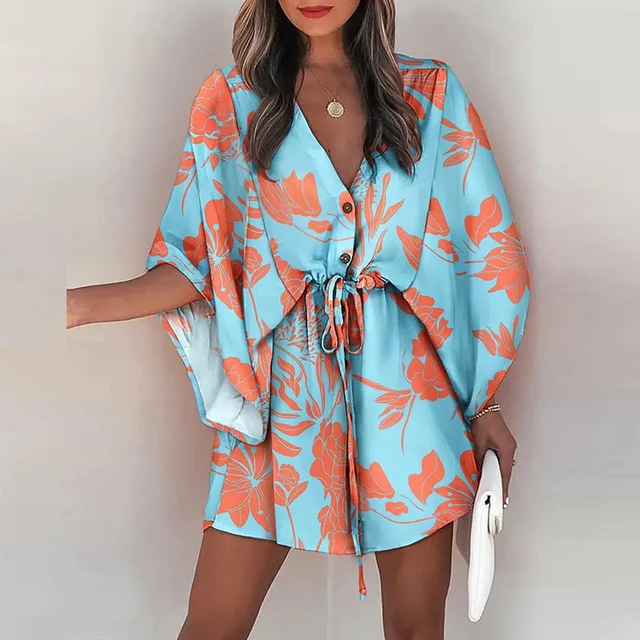 113376-3ec6ec.jpg Women Casual Loose Dress Beach Boho Dress Fashion Vintage Print V Neck Drawstring Mini Dress Summer Dresses Robe Femme 2022