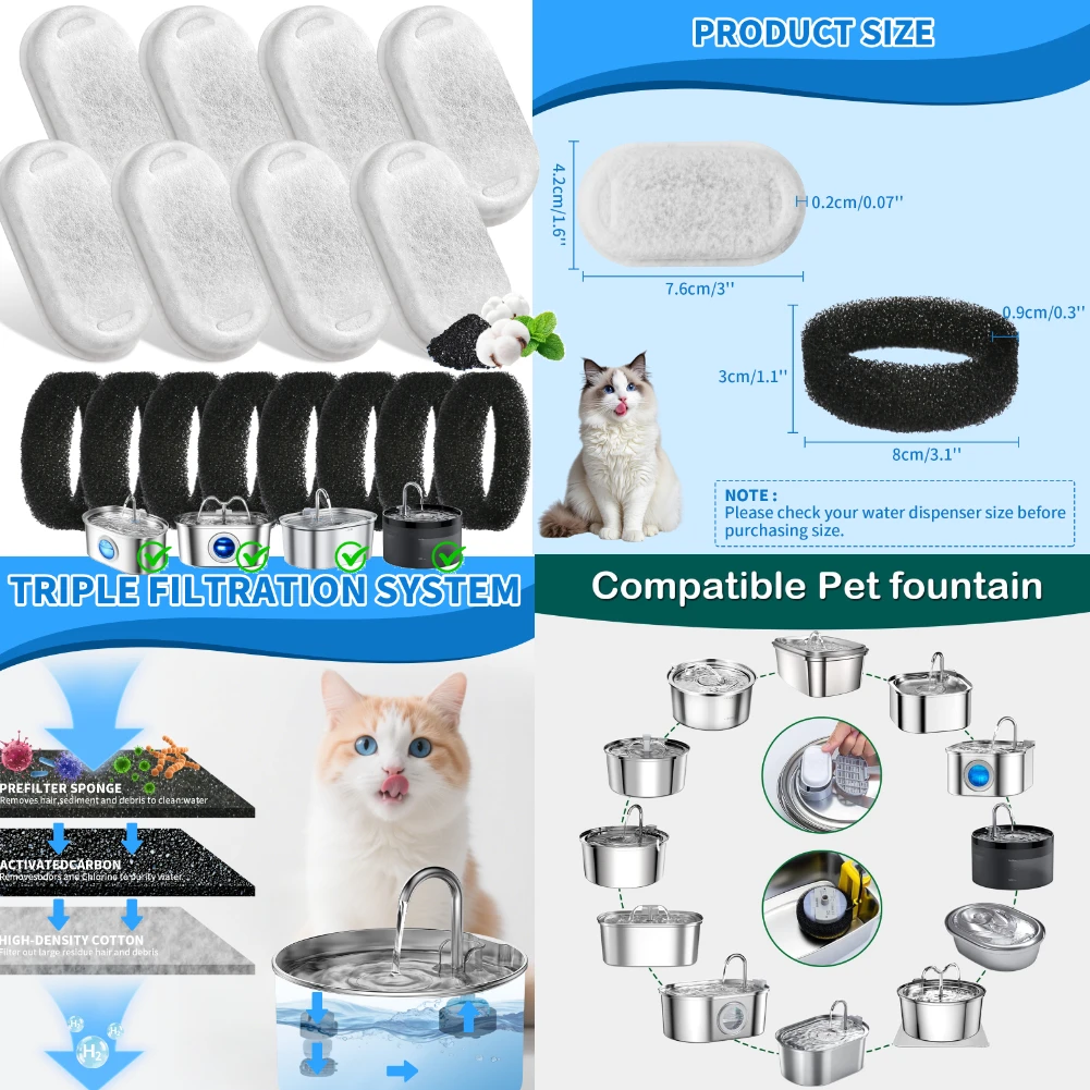 Pack of 8/12 Pet Water Fountain Filters Cat Dog Replacement Activated Carbon Filter Multiple Filtration Fit for 1.6L/2L/2.4L/3L gallery 4