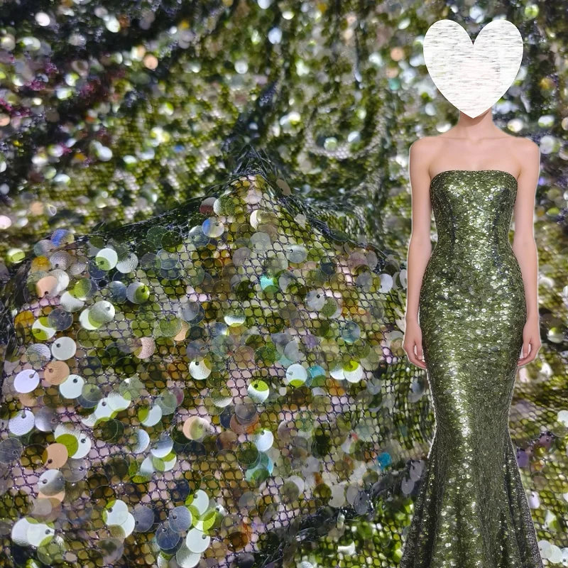 

Green Fish Scale Sequin Lace Fabric for Fashionable Evening Dresses Styling Background Designer Clothing Material