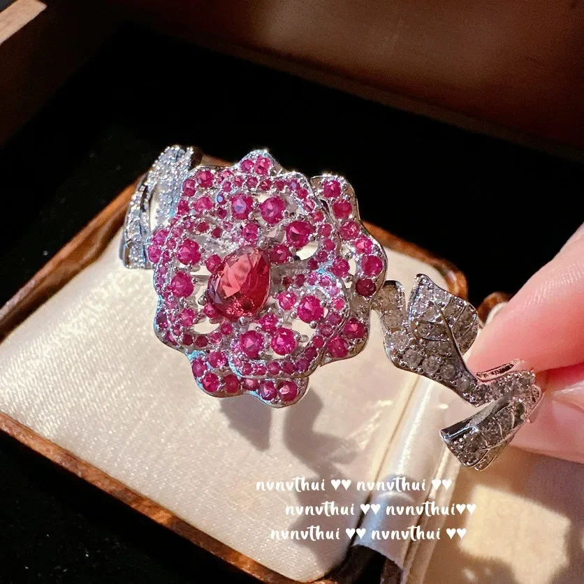New 18K White Gold Paletd Red Cubic Zirconia Bridal Delicate Rose Flower Sparkling Crystal for Jewelry Set Women Wedding Banquet