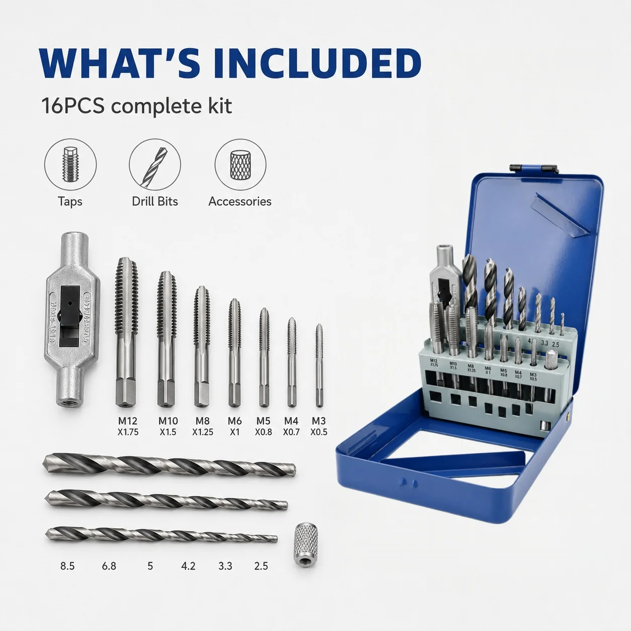 16Pcs Tap and Drill Bit Set, Metric M3-M12 Thread Taps Twist Drills with Tap Wrench, Metal Screw Tapping Tool Kit with Storage C