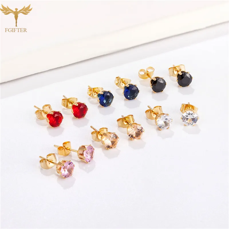 Clear Pink Red CZ Zircon Earrings Set for Women Teens Golden Stainless Steel Jewelry 3 Colors Crystal Ear Studs Men Accessory