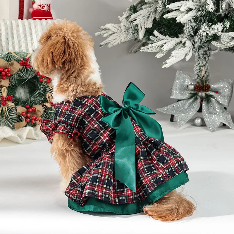 Red Plaid Christmas Dog Costume Cute Bowknot Princess Dress for Festival Party Small Dog Puppy Skirt Apparel Pet Clothes