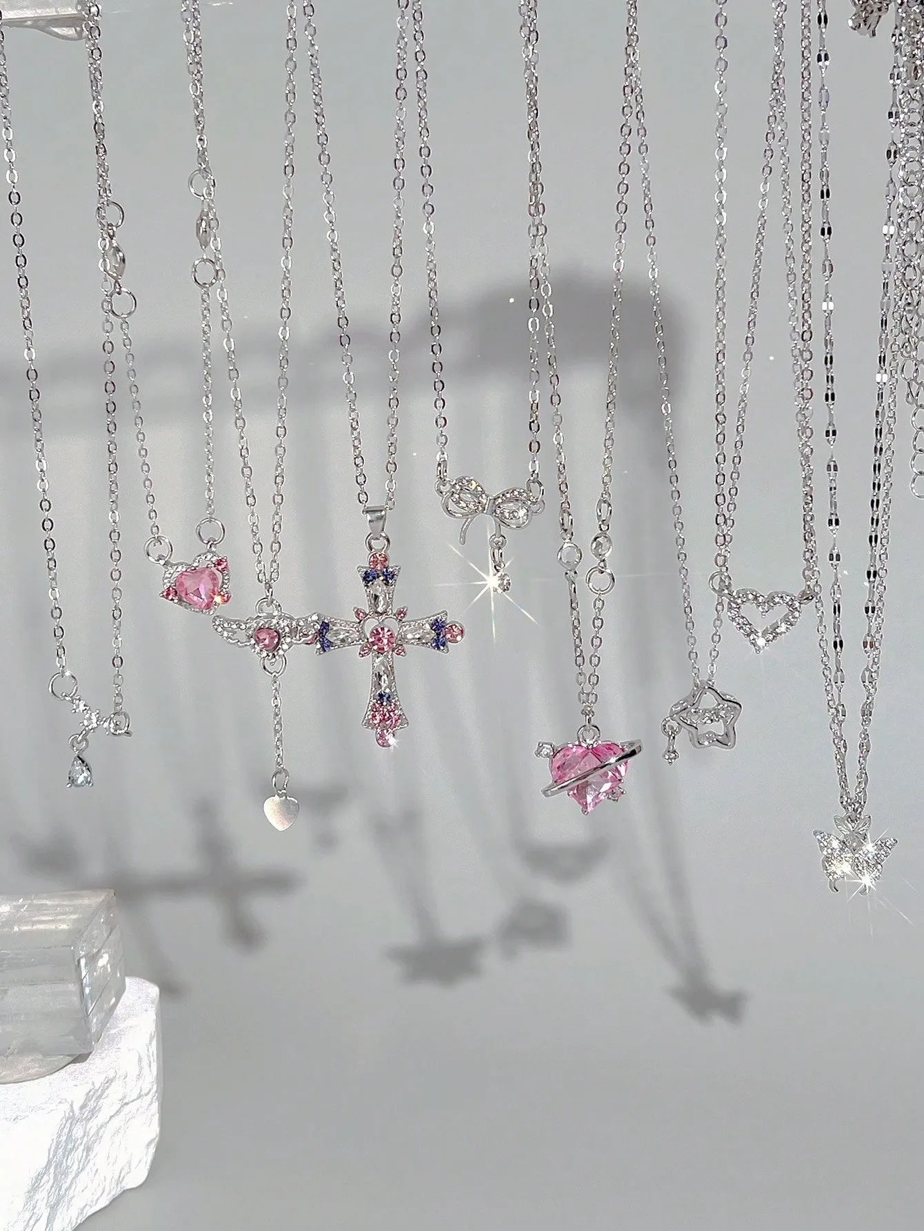 9-Piece Fashionable Y2K Rhinestone Decorative Cross, Heart-Shaped, Star-Shaped, Butterfly Wing, Bow Design Pendant Necklace Set, Suitable for Vacation, Party, Daily Wear