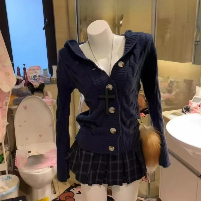 Y2K Subculture Black Fur Collar Knit Cardigan Women Vintage Batwing Sleeve Casual Sweater Jacket Fashion Stylish Cozy Outerwear